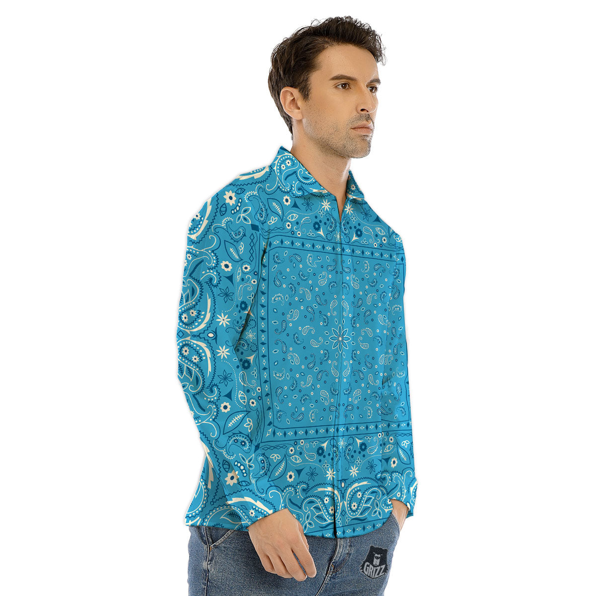 Paisley Bandana Light Blue Print Men's Dress Shirts-grizzshop