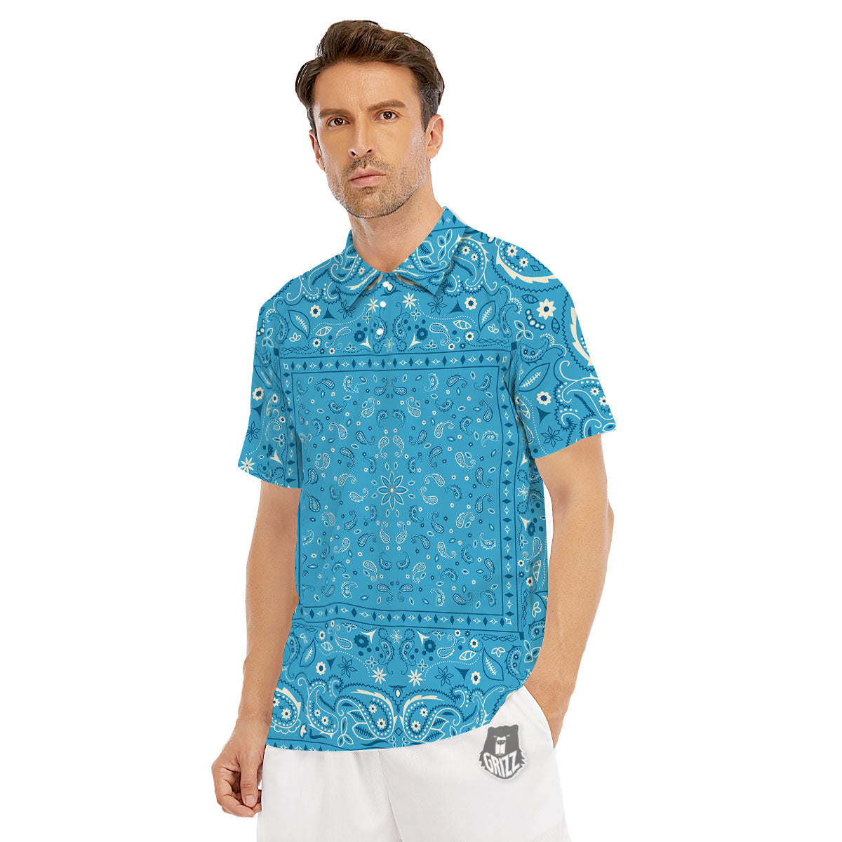 Paisley Bandana Light Blue Print Men's Golf Shirts-grizzshop