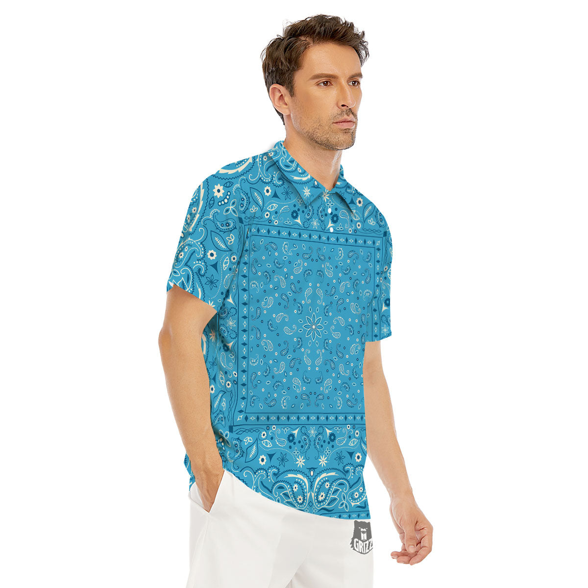 Paisley Bandana Light Blue Print Men's Golf Shirts-grizzshop