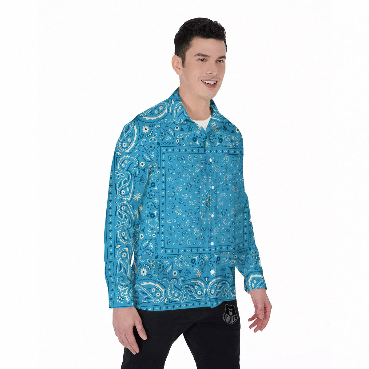 Paisley Bandana Light Blue Print Men's Long Sleeve Shirts-grizzshop
