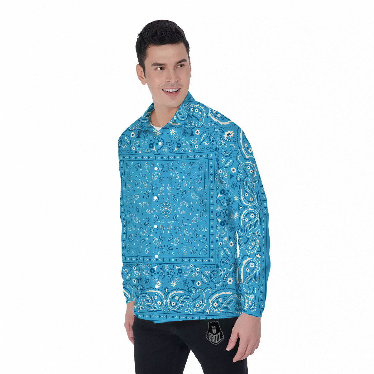 Paisley Bandana Light Blue Print Men's Long Sleeve Shirts-grizzshop