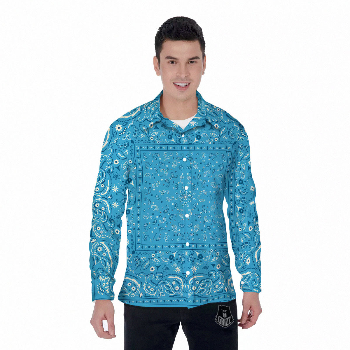 Paisley Bandana Light Blue Print Men's Long Sleeve Shirts-grizzshop