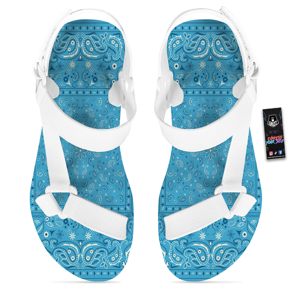 Paisley Bandana Light Blue Print White Open Toe Sandals-grizzshop