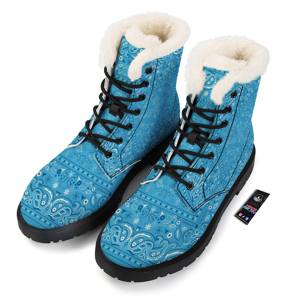Paisley Bandana Light Blue Print Winter Boots-grizzshop