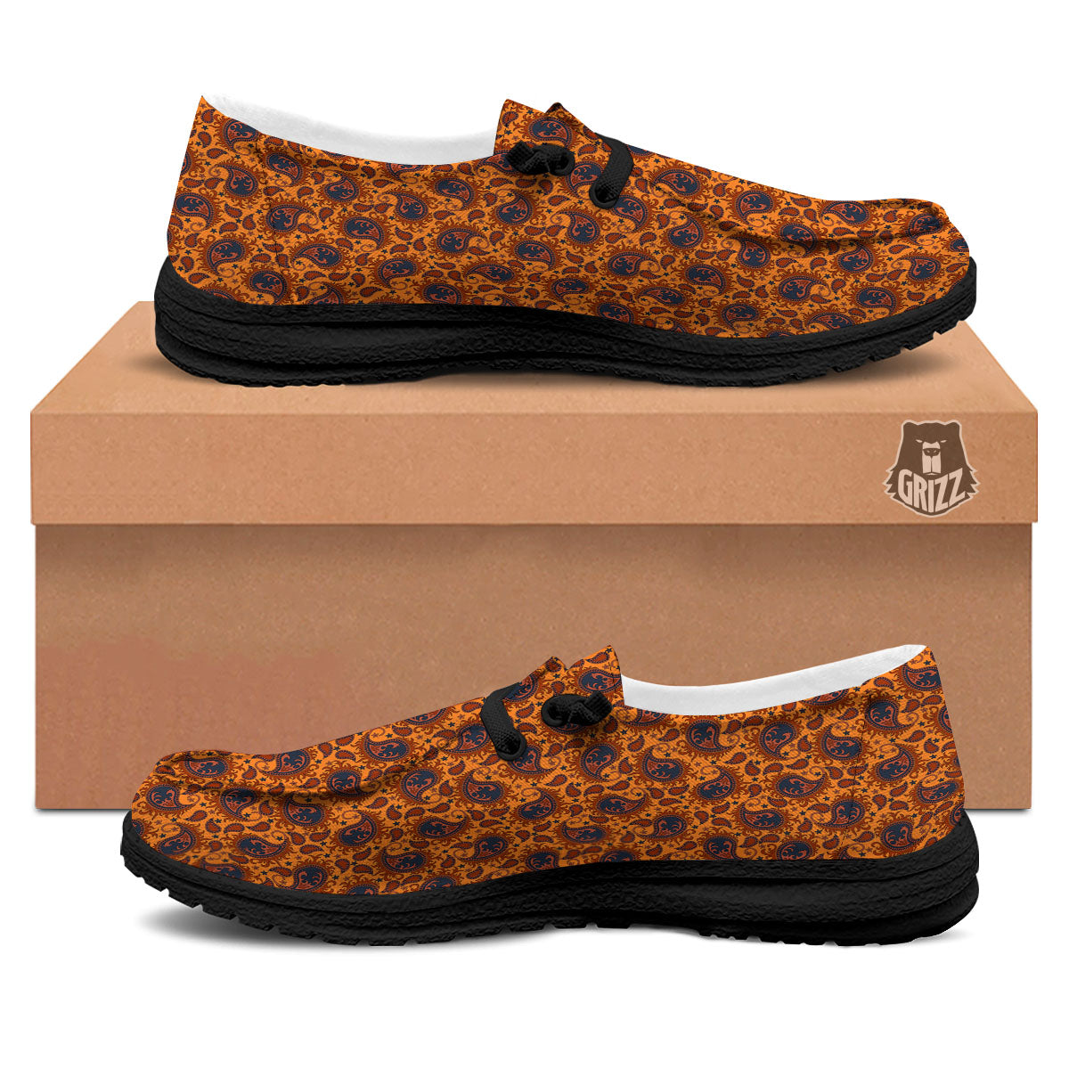 Paisley Bandana Orange Print Black Loafers-grizzshop