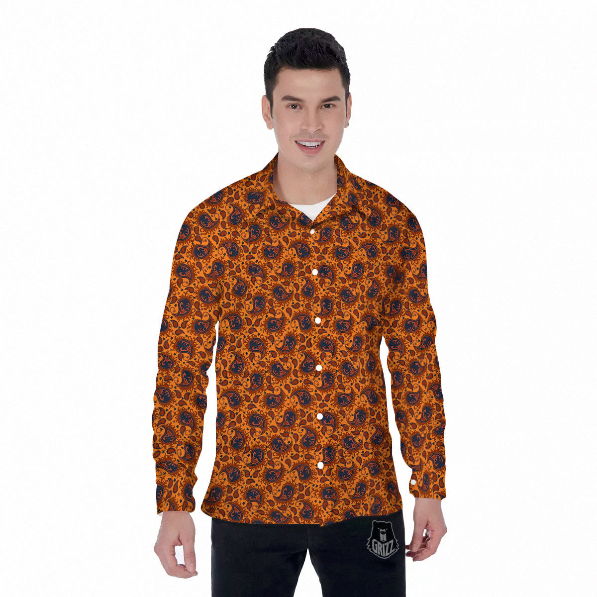 Paisley Bandana Orange Print Men's Long Sleeve Shirts-grizzshop