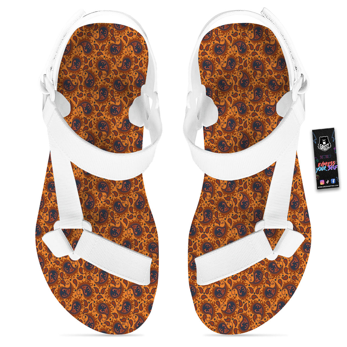 Paisley Bandana Orange Print White Open Toe Sandals-grizzshop