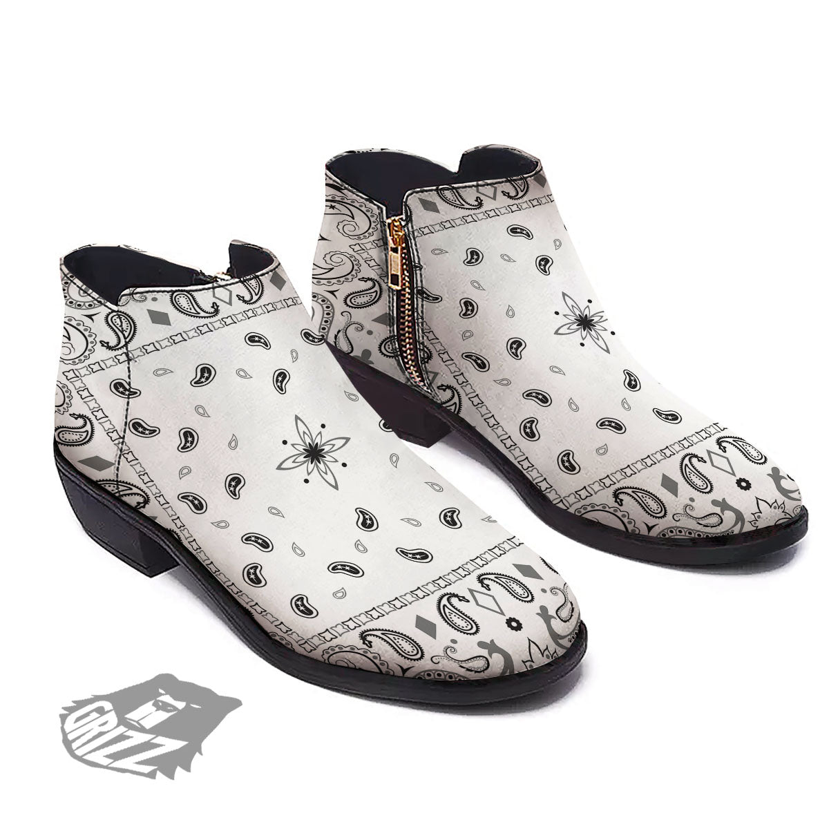 Paisley Bandana White And Black Print Ankle Boots-grizzshop