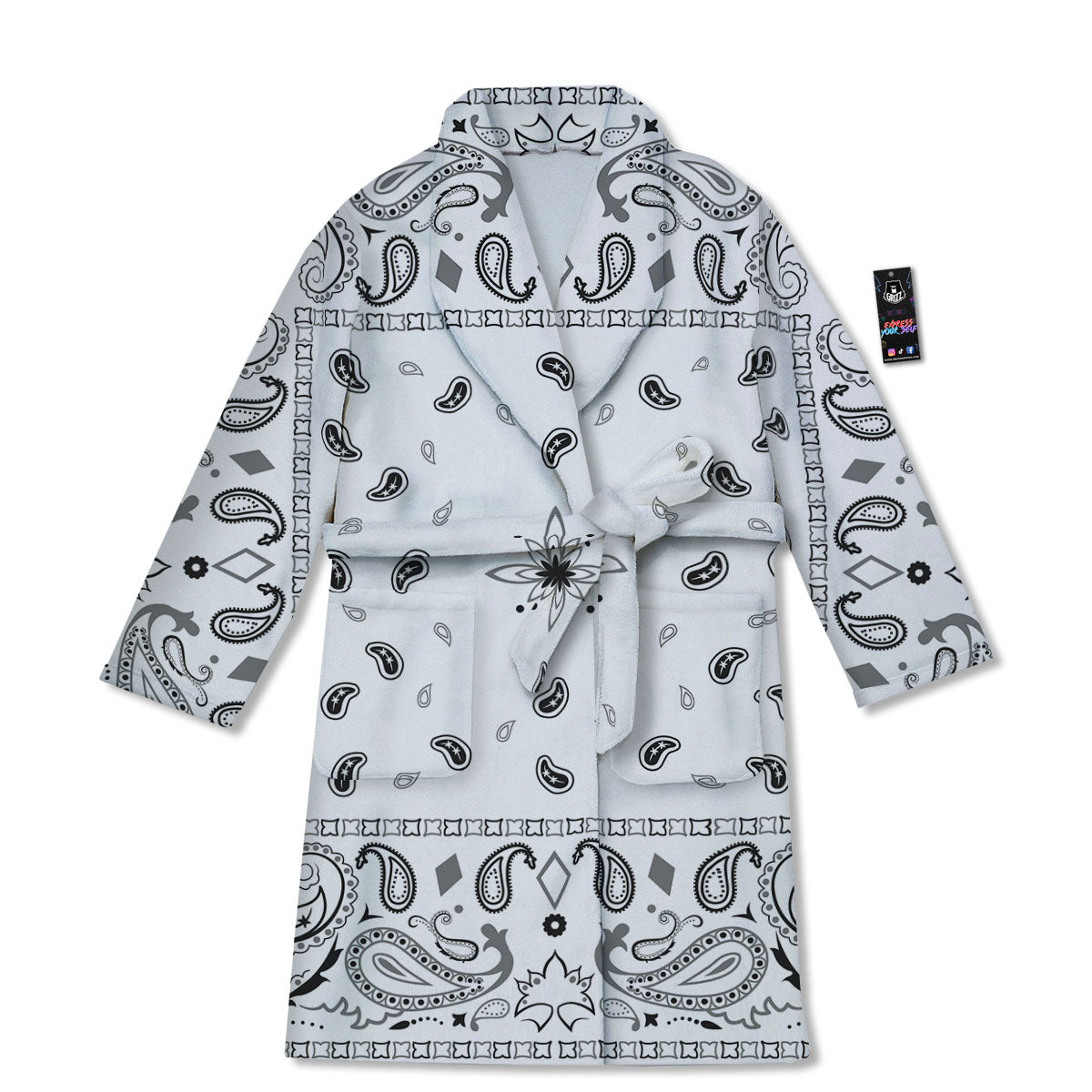 Paisley Bandana White And Black Print Bathrobe-grizzshop