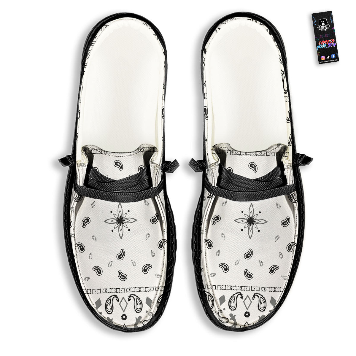 Paisley Bandana White And Black Print Black Loafers-grizzshop