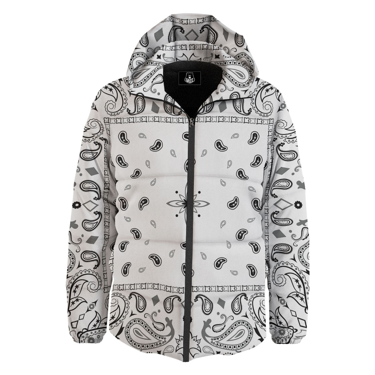 Paisley Bandana White And Black Print Down Jacket-grizzshop