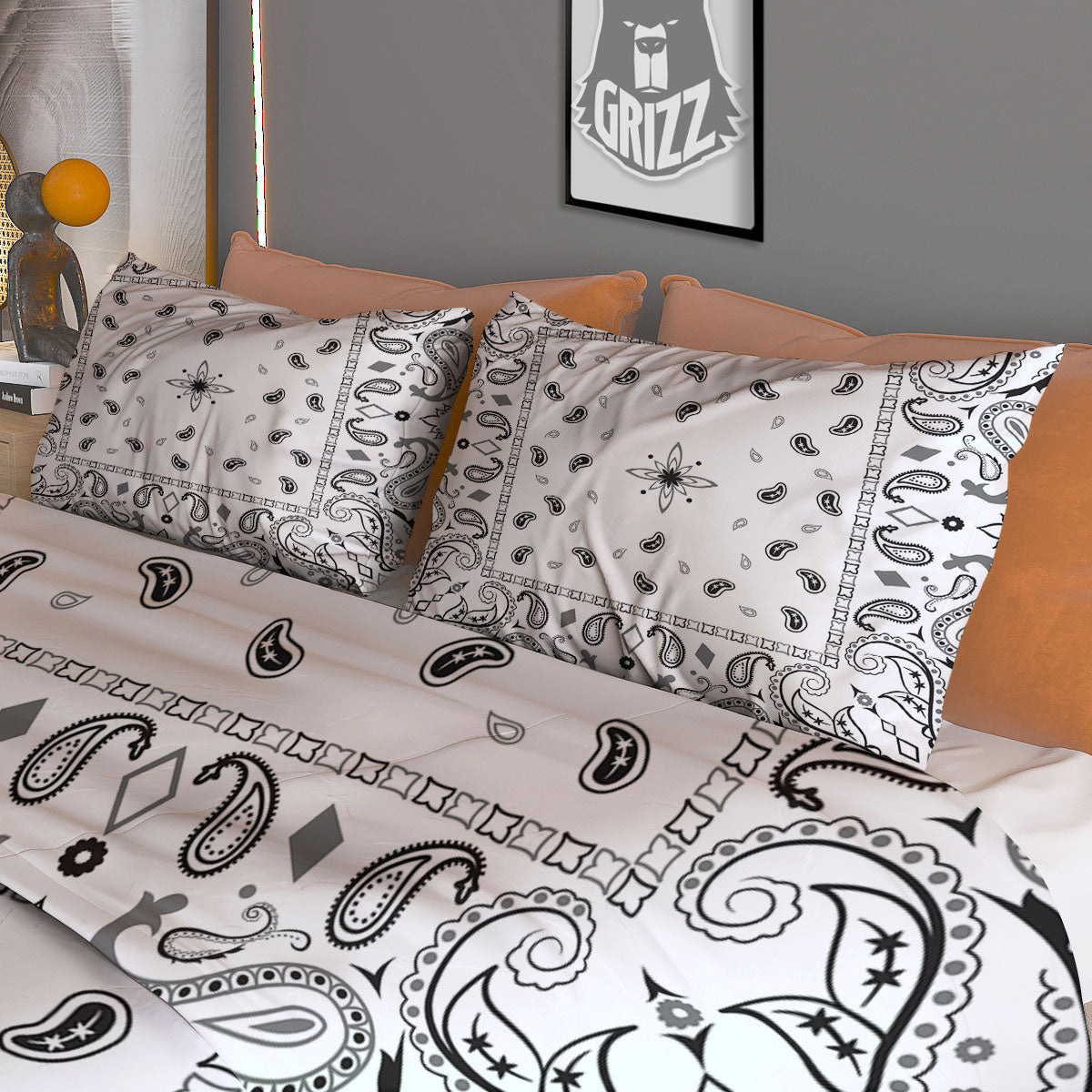 Paisley Bandana White And Black Print Duvet Cover Bedding Set