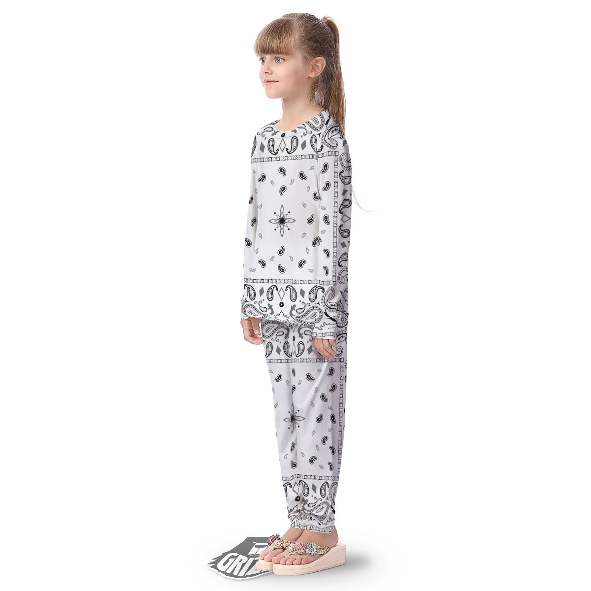 Paisley Bandana White And Black Print Kid's Pajamas-grizzshop