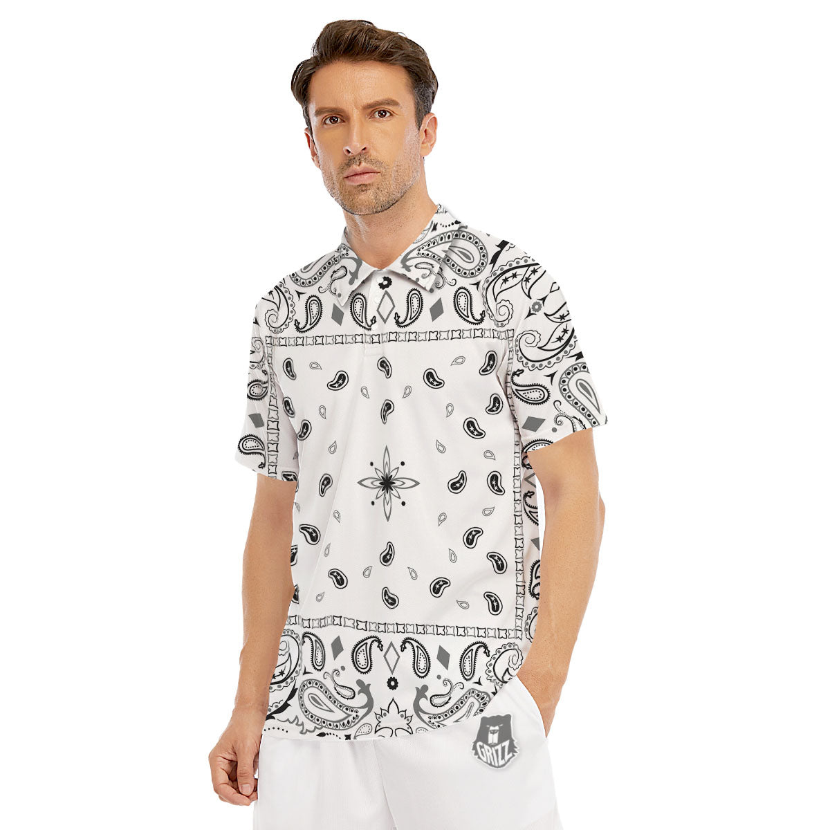 Paisley Bandana White And Black Print Men's Golf Shirts-grizzshop