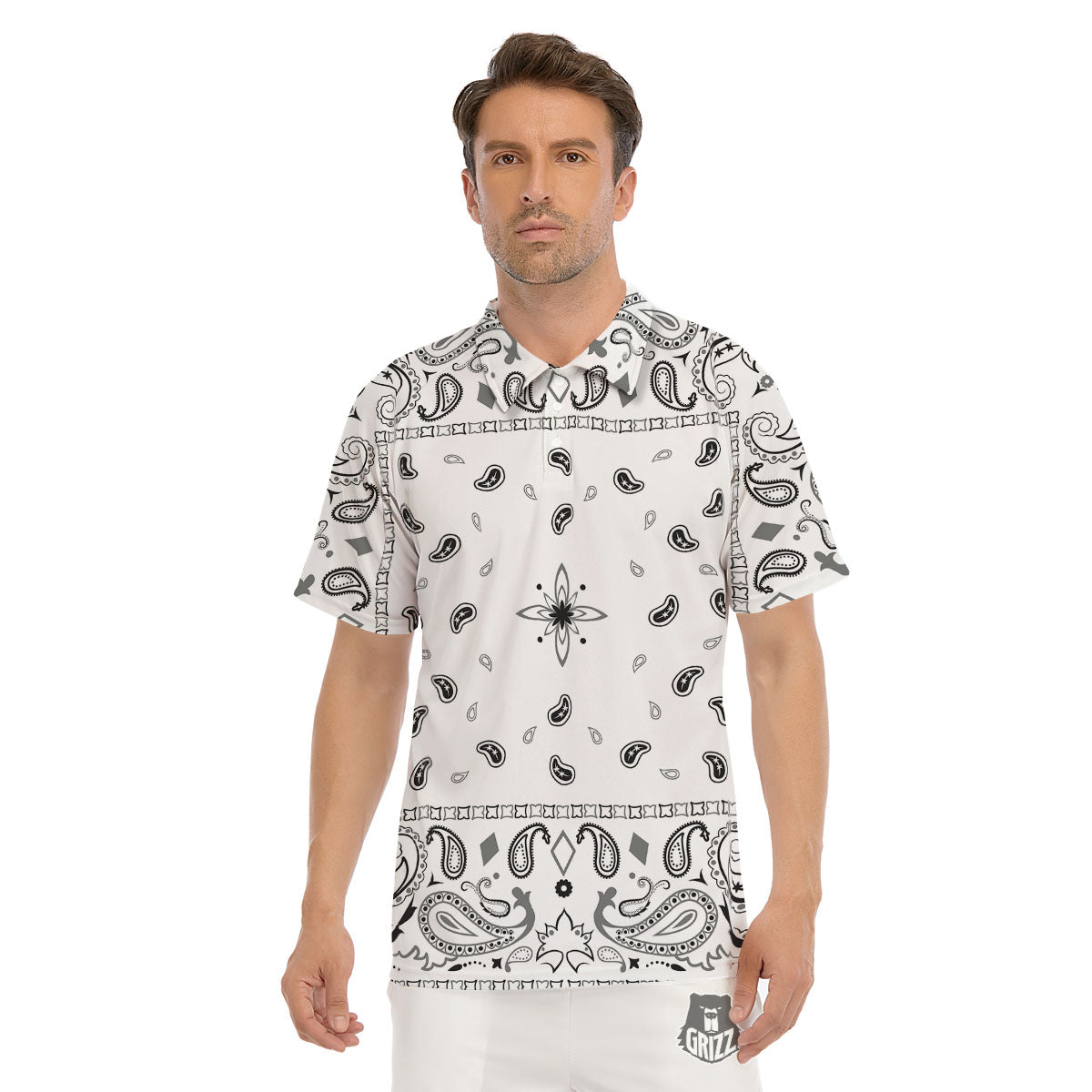 Paisley Bandana White And Black Print Men's Golf Shirts-grizzshop