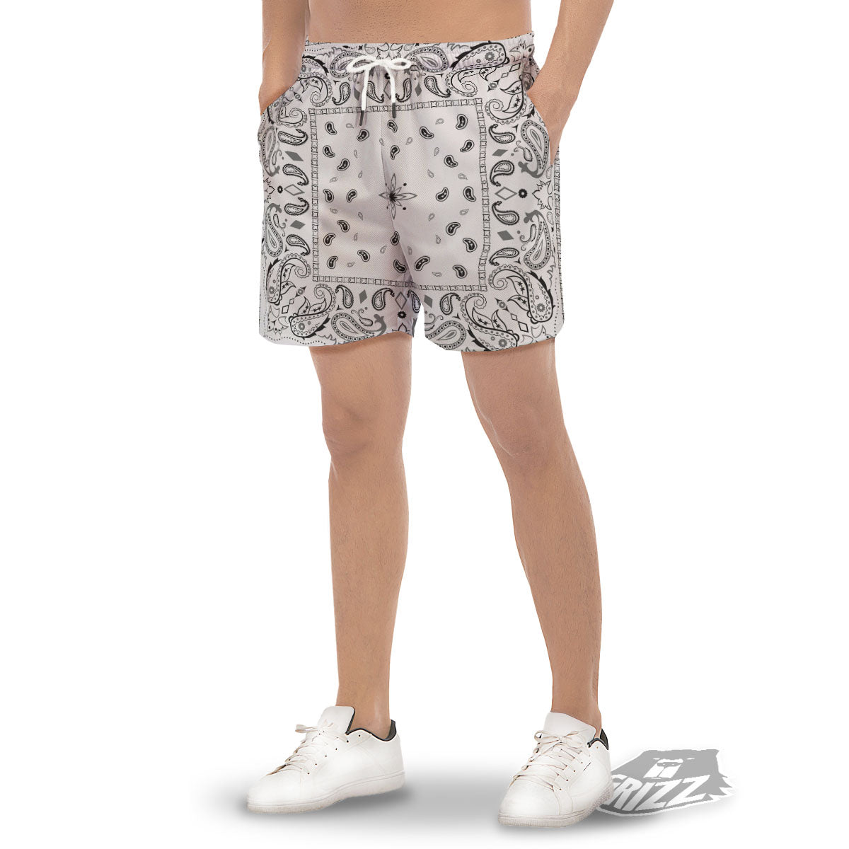 Paisley Bandana White And Black Print Men's Gym Shorts-grizzshop