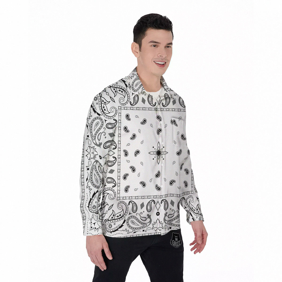 Paisley Bandana White And Black Print Men's Long Sleeve Shirts-grizzshop