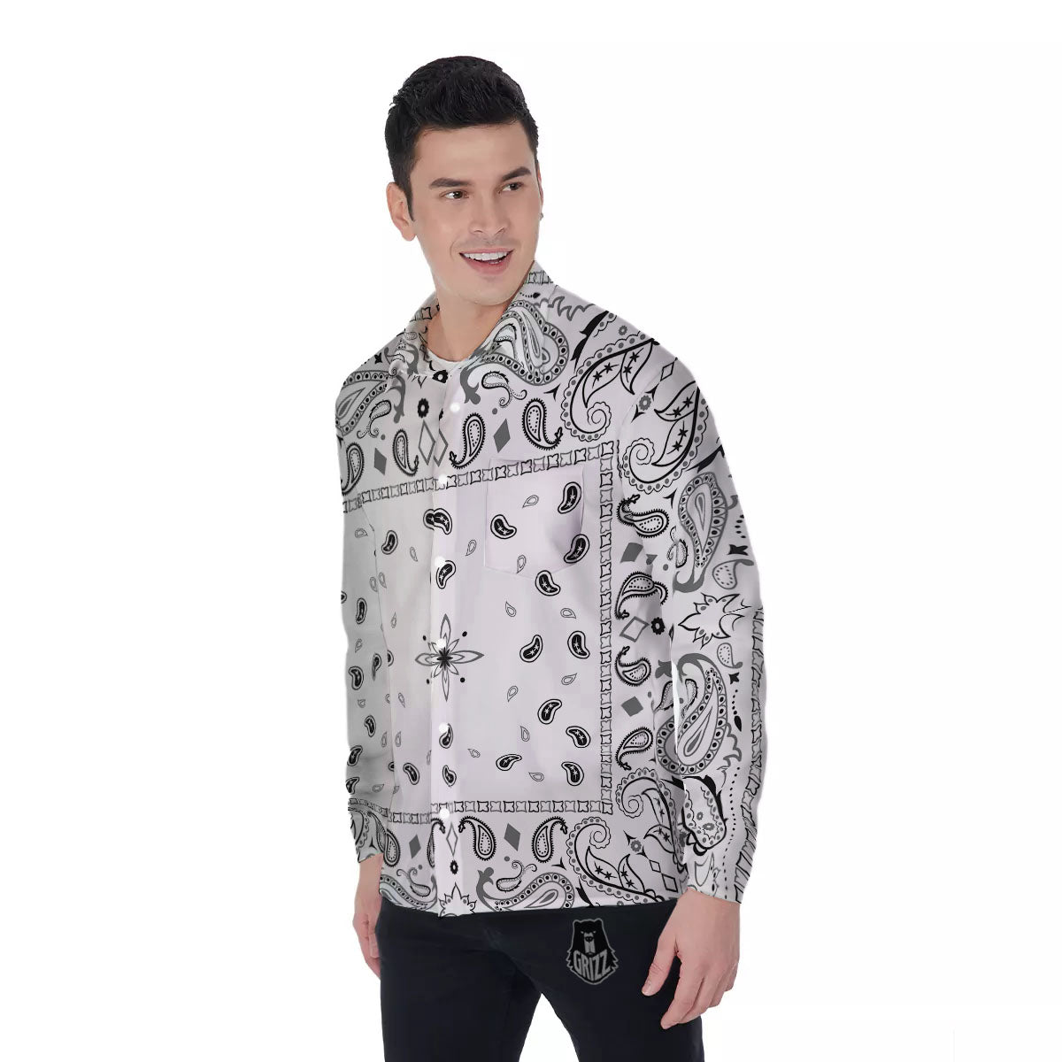 Paisley Bandana White And Black Print Men's Long Sleeve Shirts-grizzshop