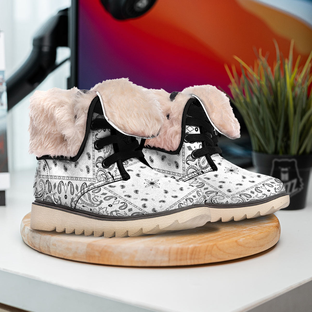 Paisley Bandana White And Black Print Snow Boots-grizzshop