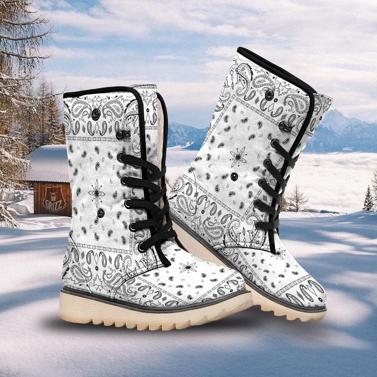 Paisley Bandana White And Black Print Snow Boots-grizzshop