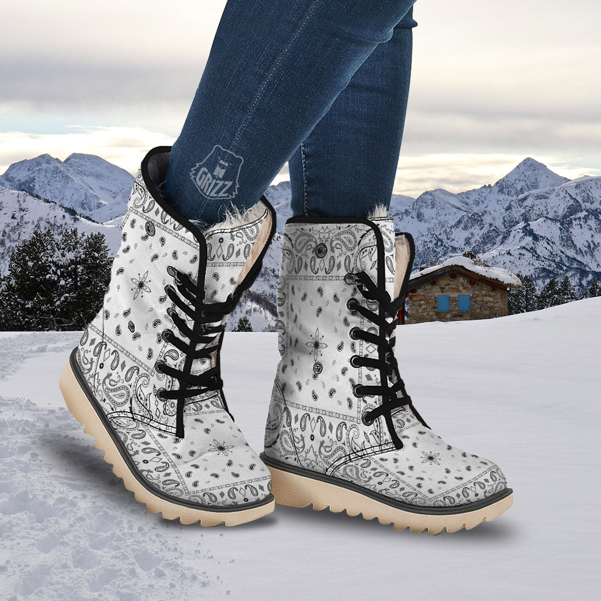 Paisley Bandana White And Black Print Snow Boots-grizzshop