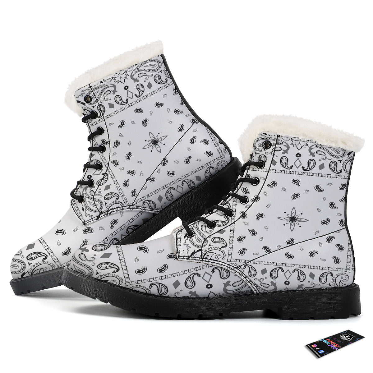 Paisley Bandana White And Black Print Winter Boots-grizzshop