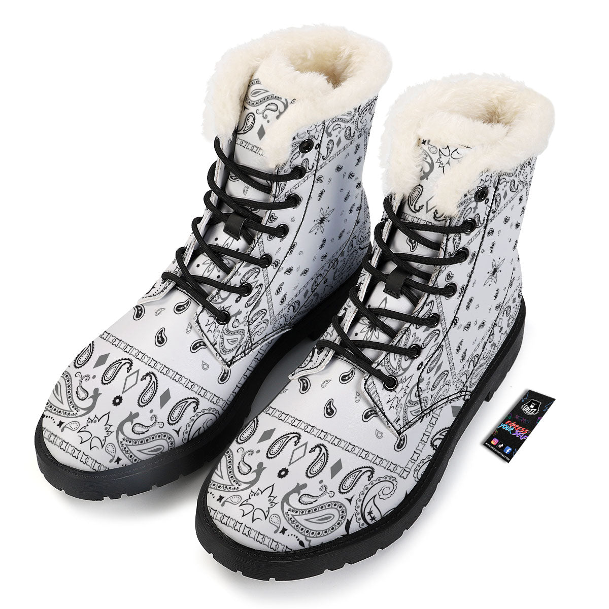 Paisley Bandana White And Black Print Winter Boots-grizzshop