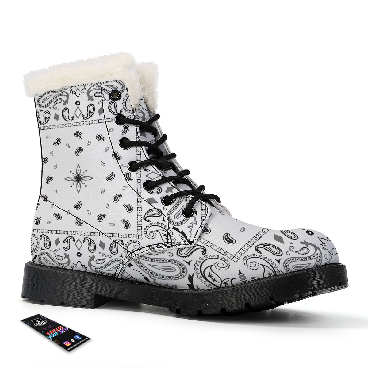 Paisley Bandana White And Black Print Winter Boots-grizzshop