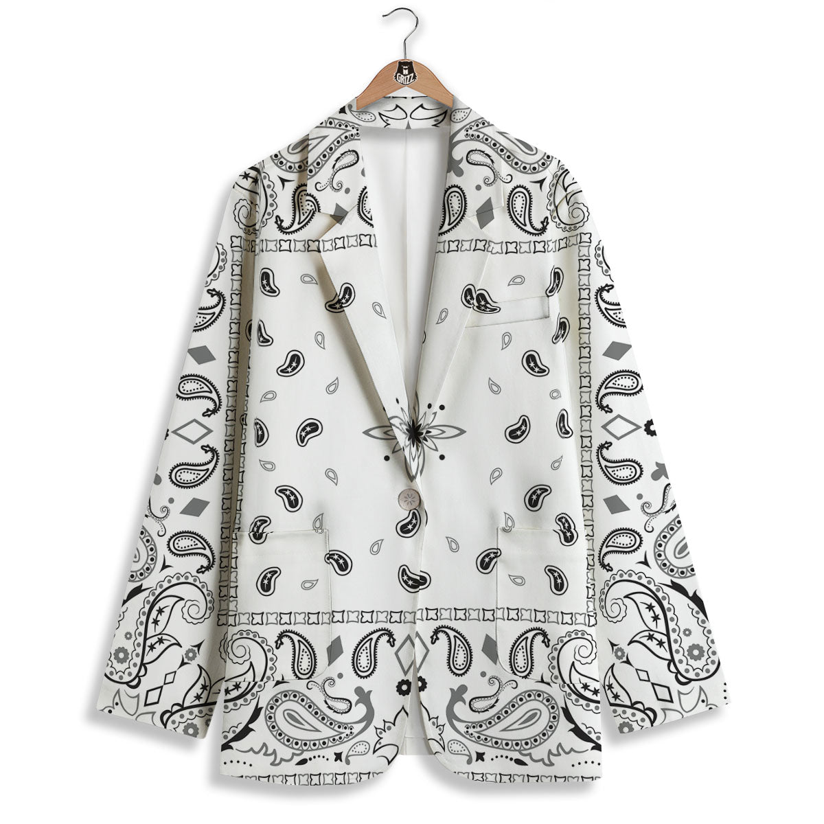Paisley Bandana White And Black Print Women's Blazer-grizzshop