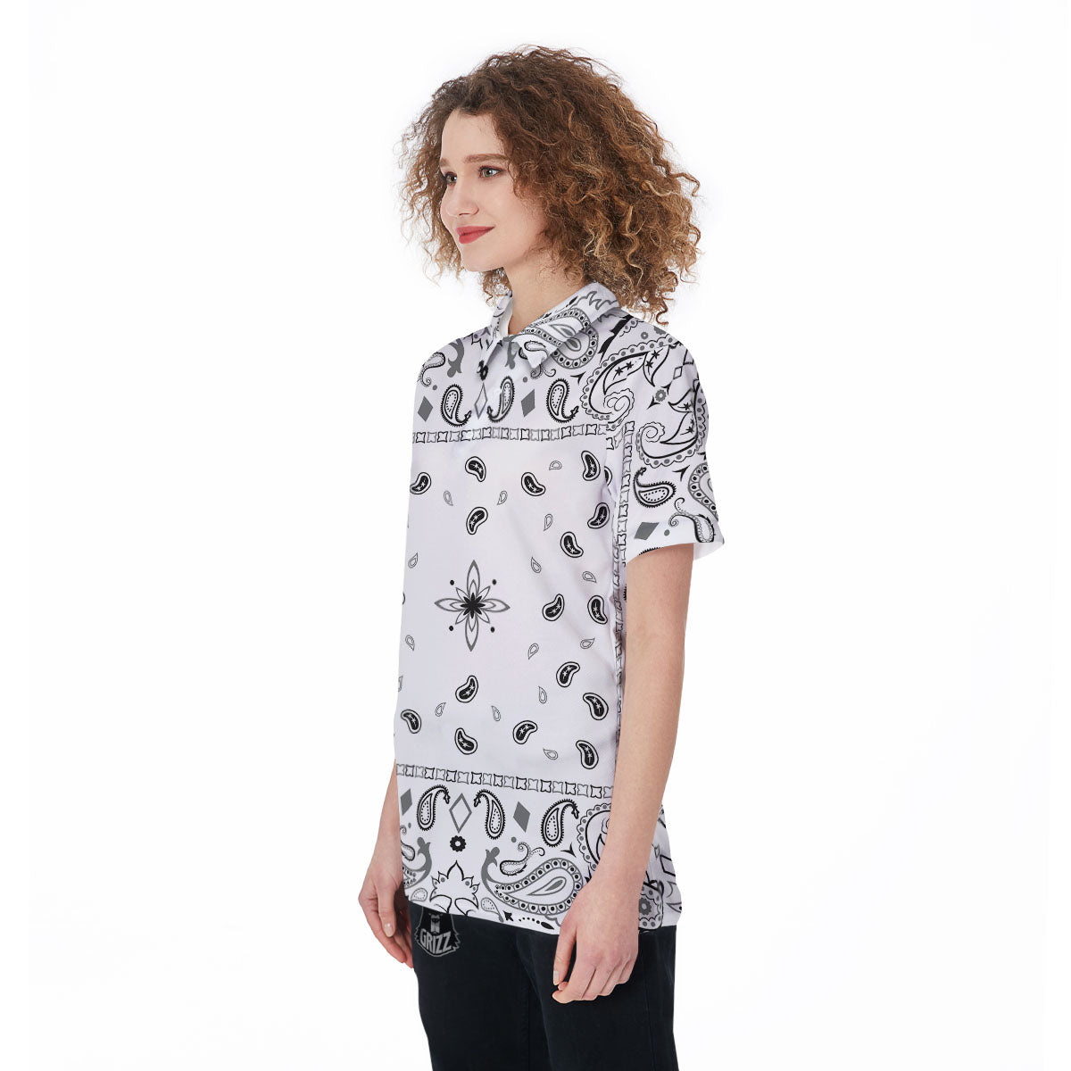 Paisley Bandana White And Black Print Women's Golf Shirts-grizzshop