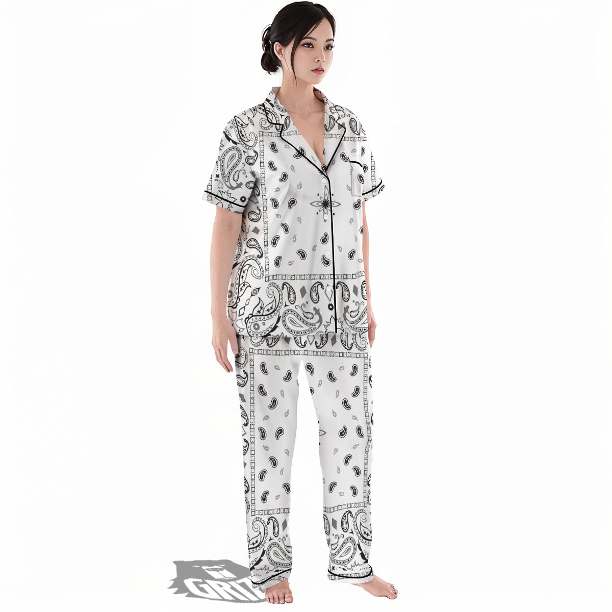 Paisley Bandana White And Black Print Women's Pajamas Set-grizzshop
