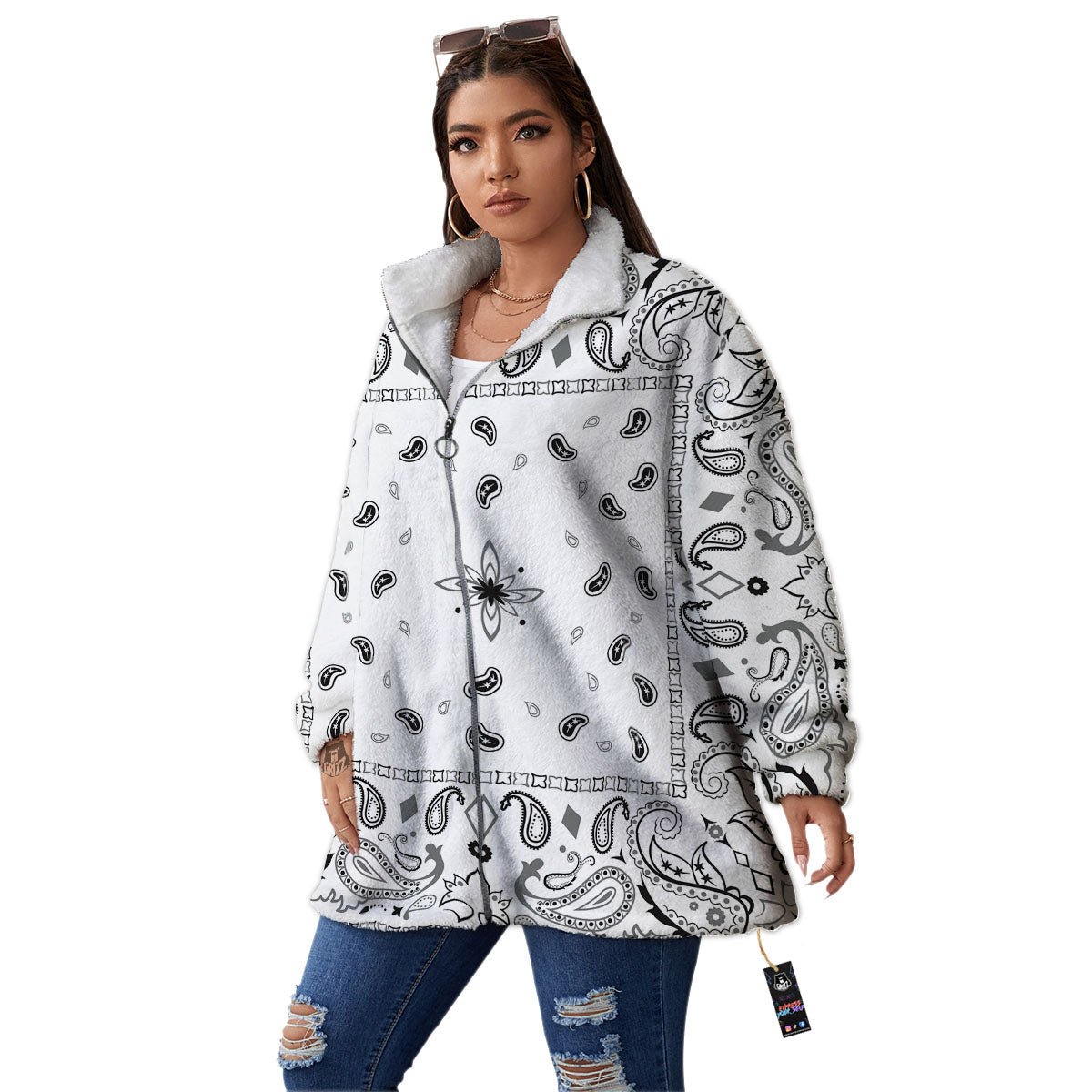 Paisley Bandana White And Black Print Women's Sherpa Jacket-grizzshop