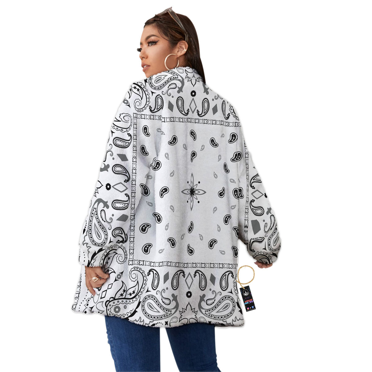 Paisley Bandana White And Black Print Women's Sherpa Jacket-grizzshop
