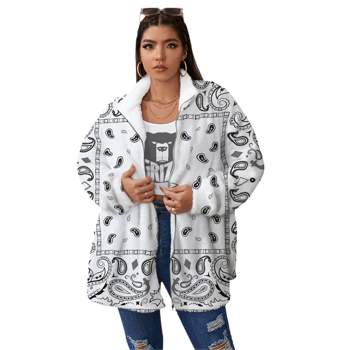 Paisley Bandana White And Black Print Women's Sherpa Jacket-grizzshop