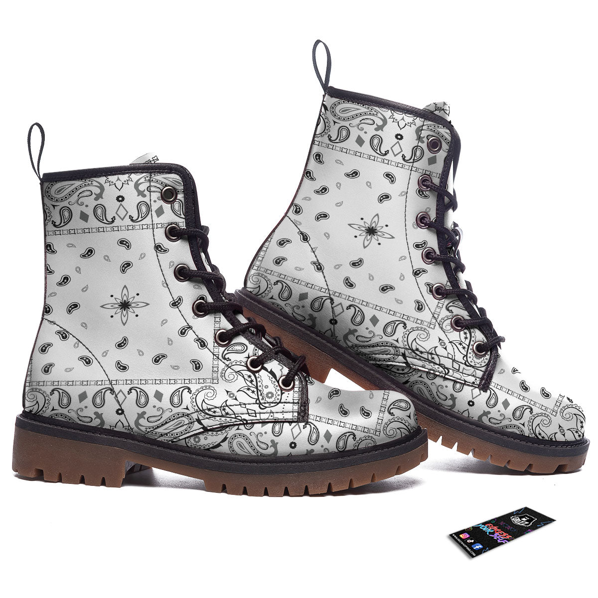 Paisley Bandana White And Black Print Work Boots-grizzshop