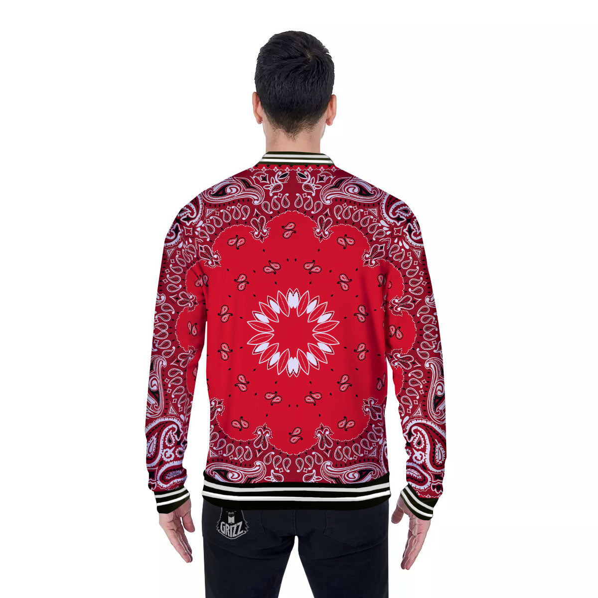 Paisley Bandana White And Red Print Baseball Jacket-grizzshop