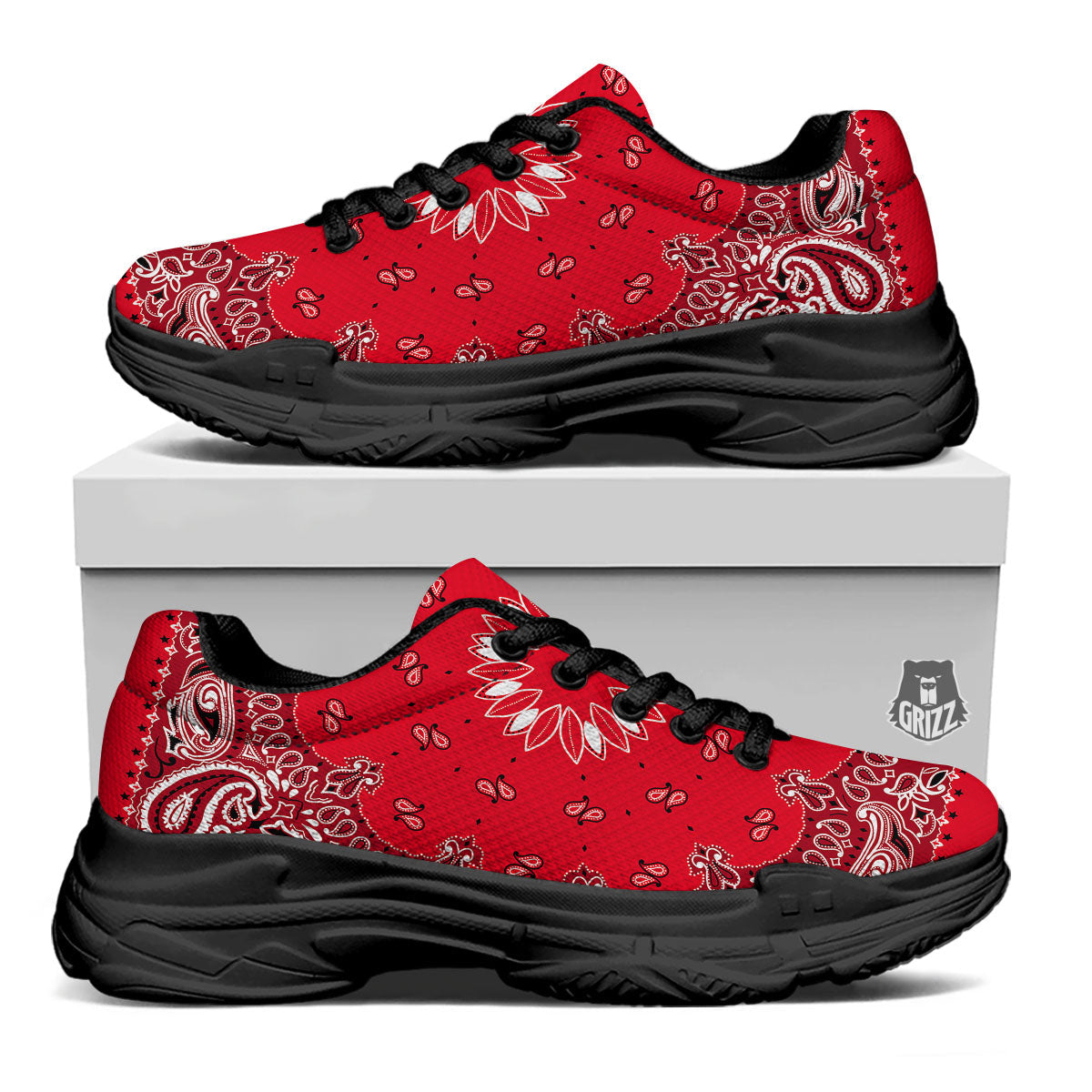 Paisley Bandana White And Red Print Black Chunky Shoes-grizzshop