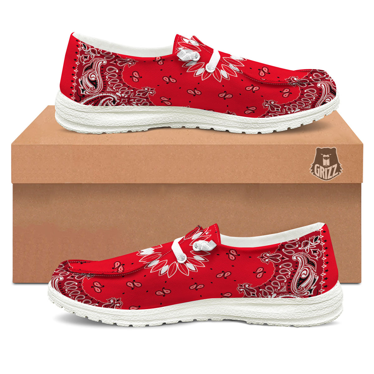 Paisley Bandana White And Red Print Black Loafers-grizzshop