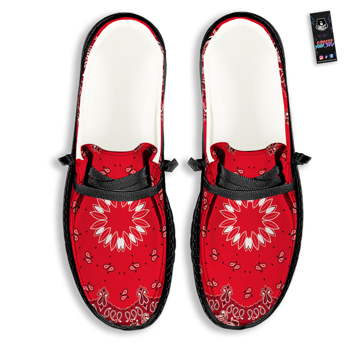 Paisley Bandana White And Red Print Black Loafers-grizzshop
