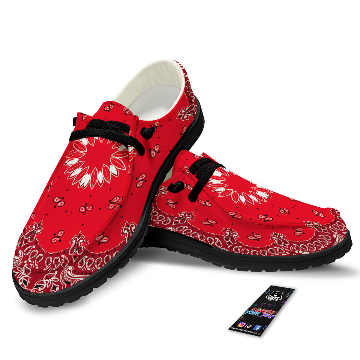 Paisley Bandana White And Red Print Black Loafers-grizzshop
