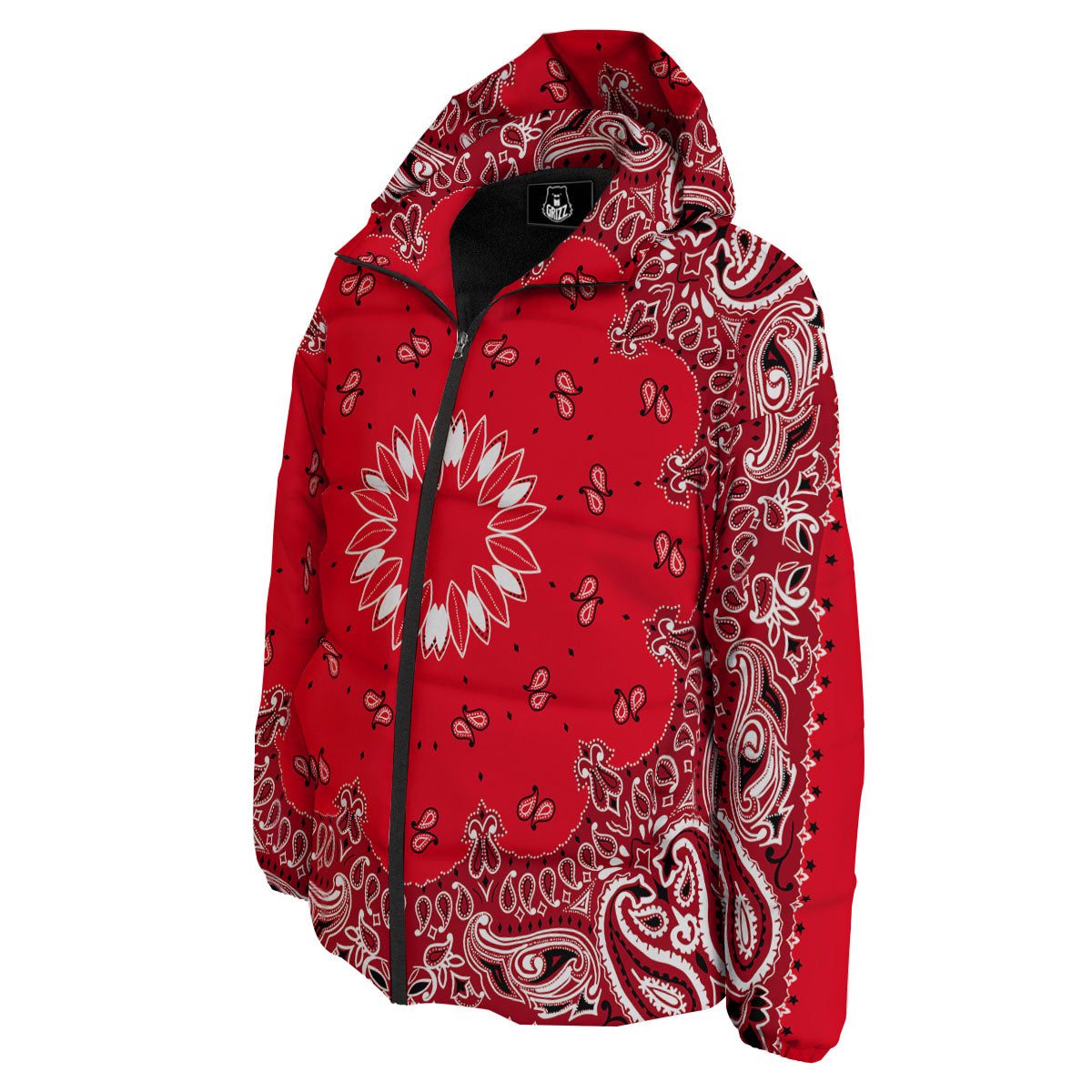Paisley Bandana White And Red Print Down Jacket-grizzshop