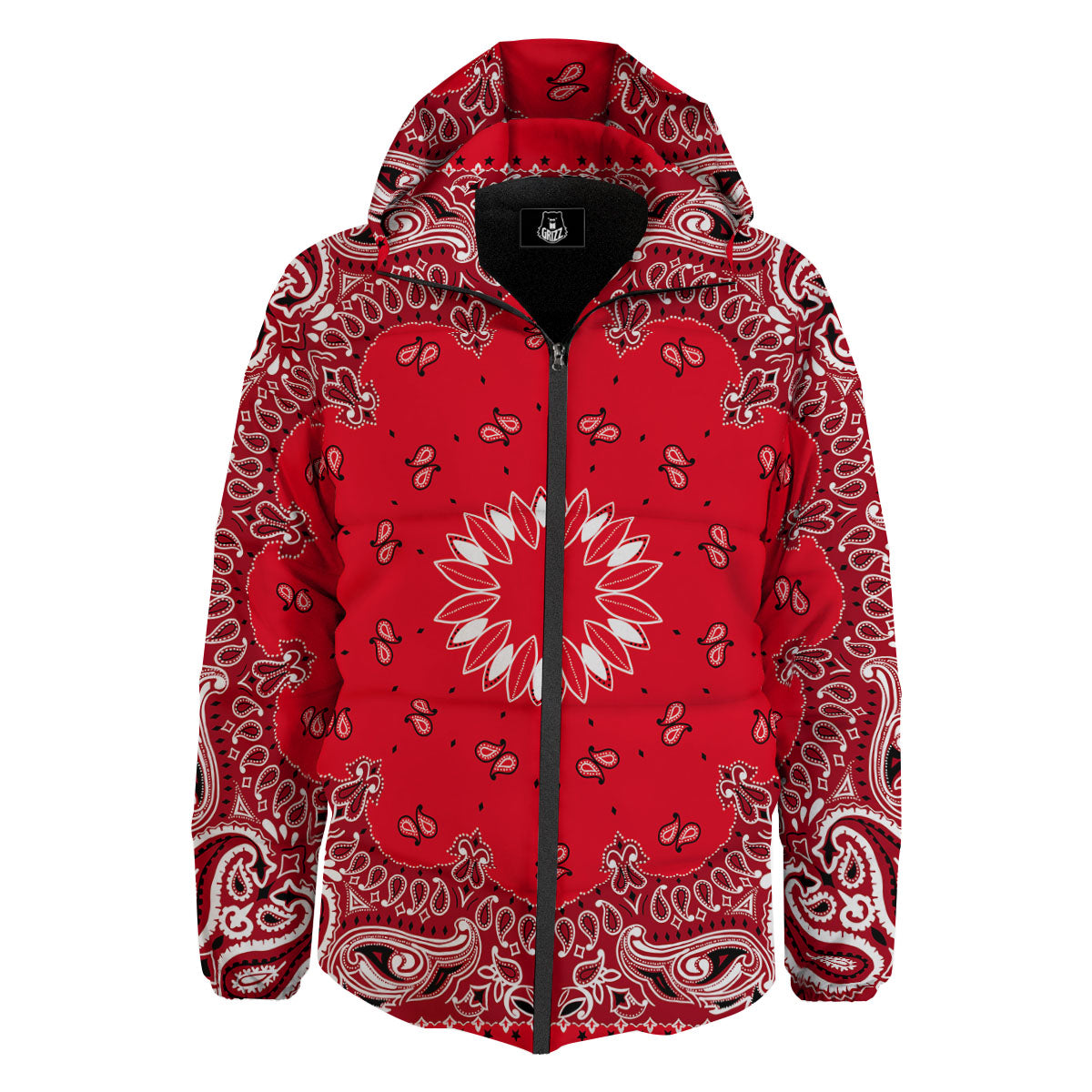 Paisley Bandana White And Red Print Down Jacket-grizzshop