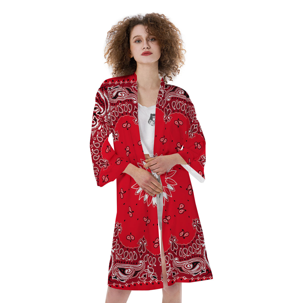 Paisley Bandana White And Red Print Kimono-grizzshop