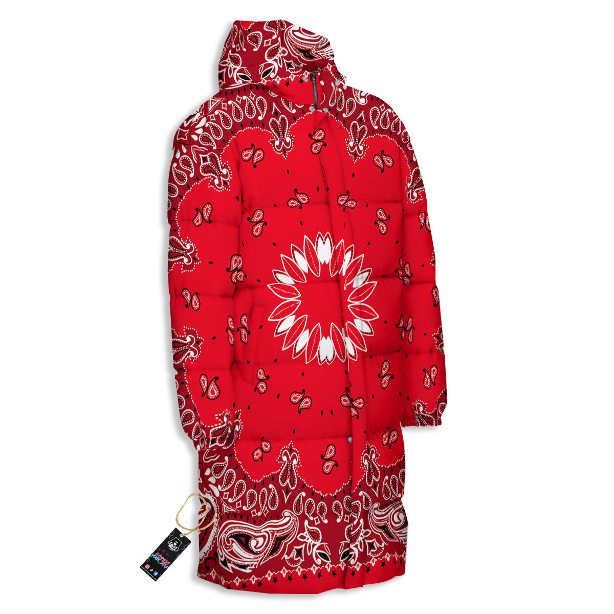 Paisley Bandana White And Red Print Long Down Jacket-grizzshop