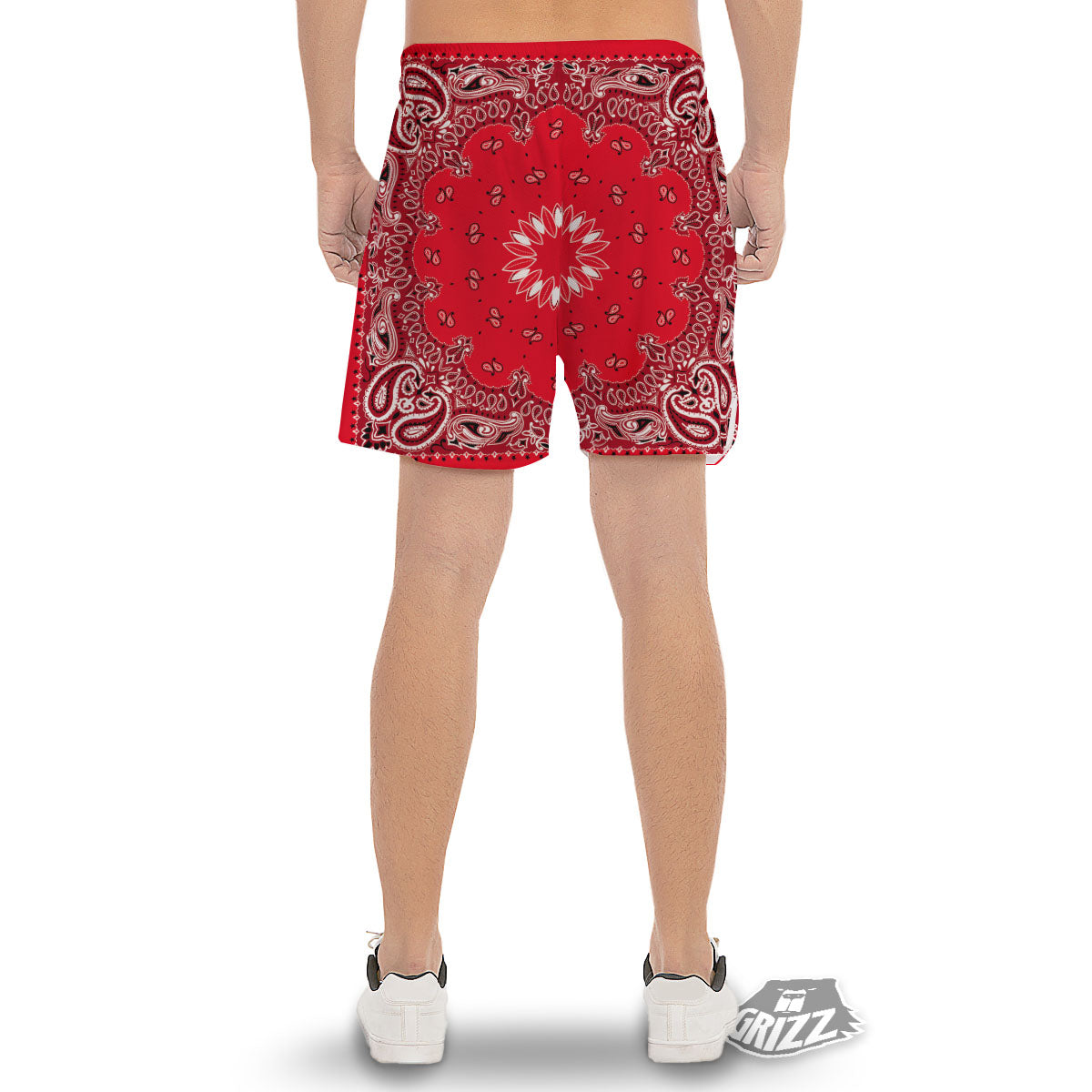 Paisley Bandana White And Red Print Men's Gym Shorts-grizzshop