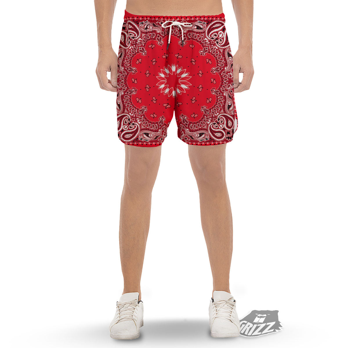 Paisley Bandana White And Red Print Men's Gym Shorts-grizzshop