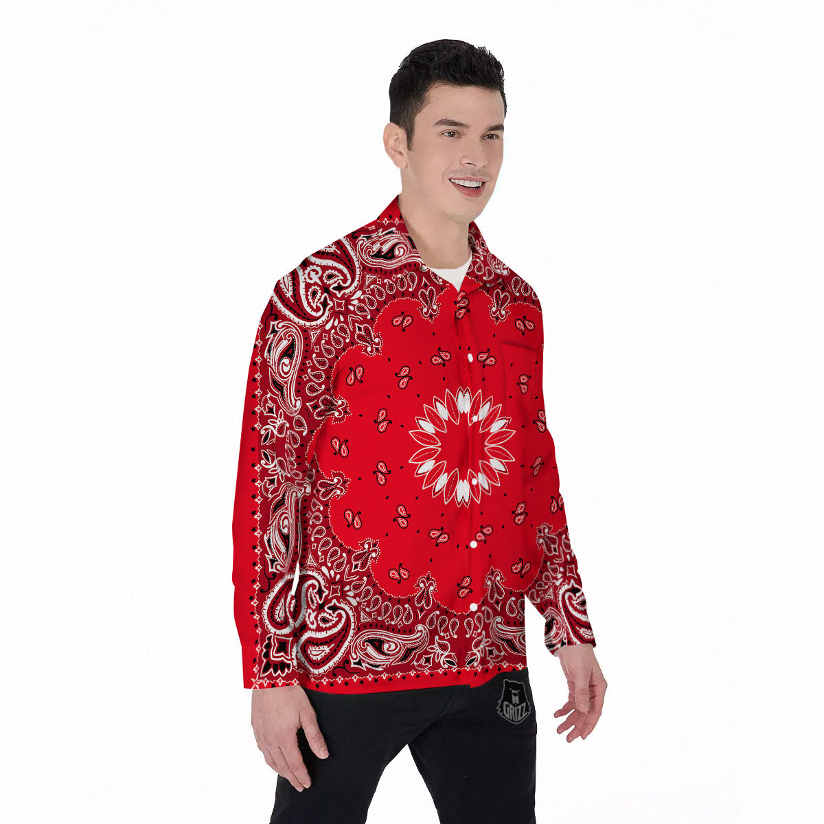 Paisley Bandana White And Red Print Men's Long Sleeve Shirts-grizzshop