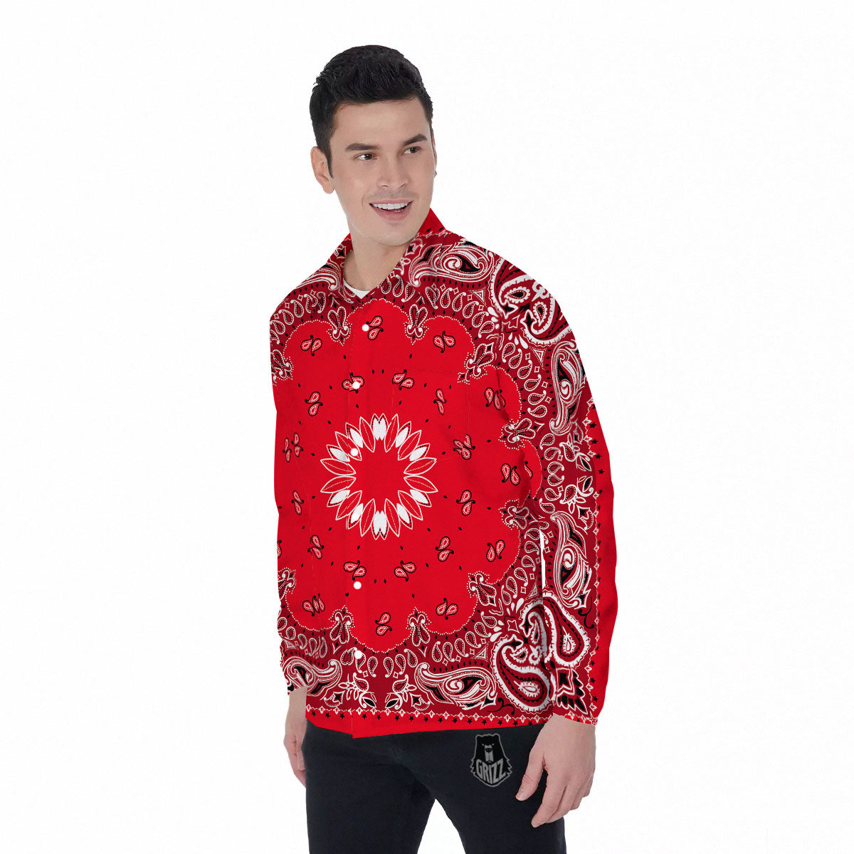 Paisley Bandana White And Red Print Men's Long Sleeve Shirts-grizzshop