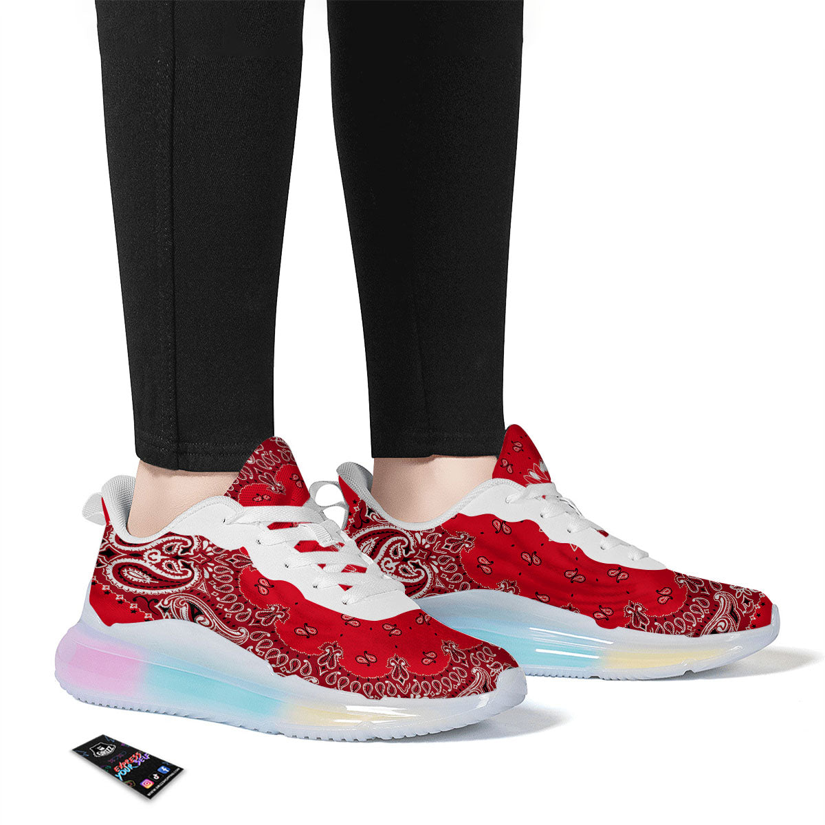 Paisley Bandana White And Red Print Running Sneakers-grizzshop