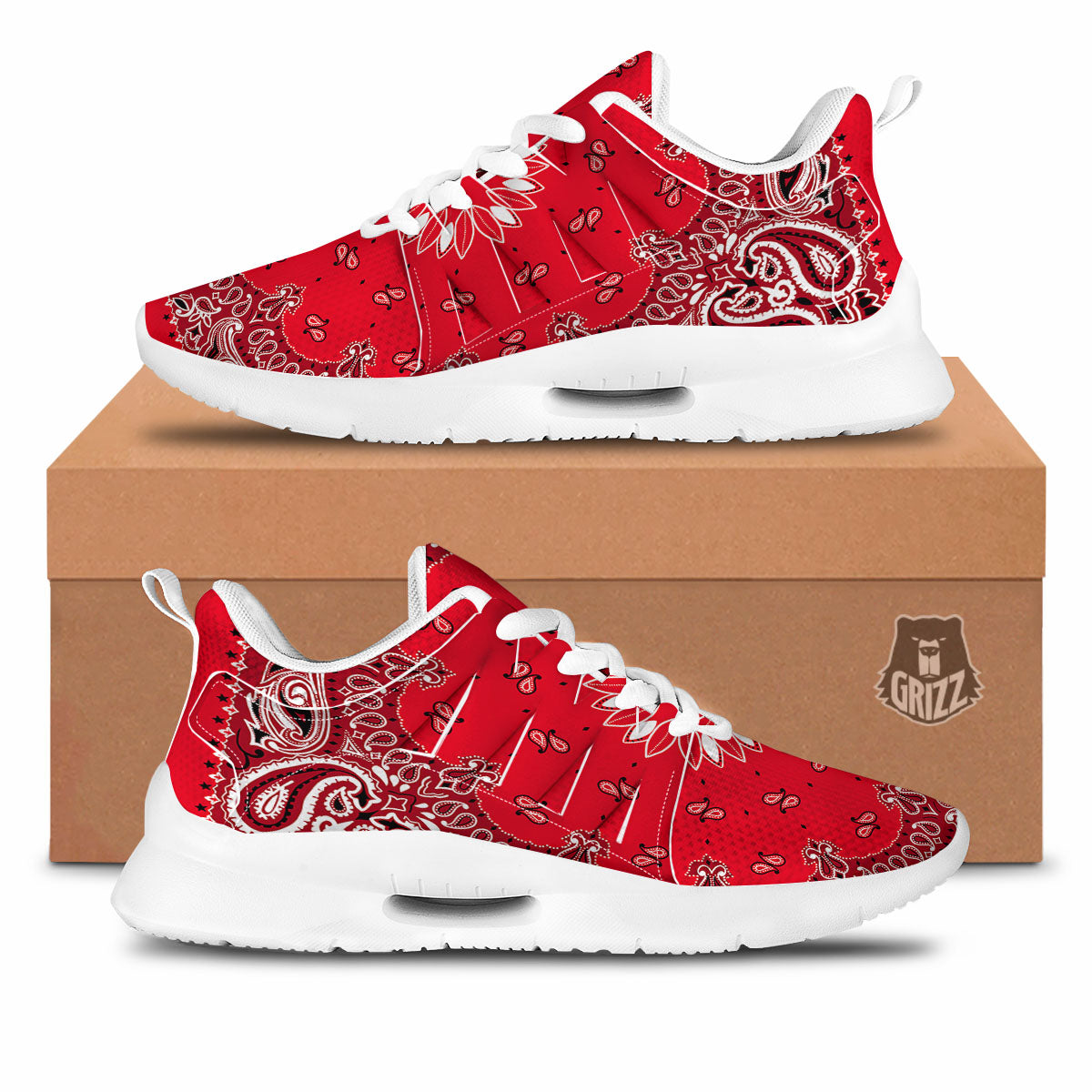 Paisley Bandana White And Red Print Tennis Shoes-grizzshop